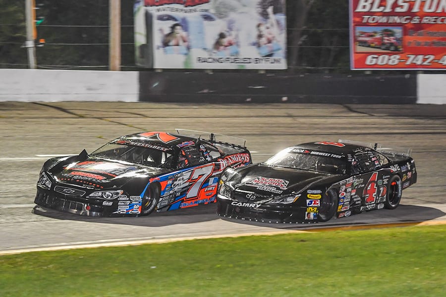 John DeAngelis Jr. (7) makes contact with Luke Fenhaus as they battle for position during Saturday's ARCA Midwest Tour event at Dells Raceway Park. (Doug Hornickel Photo)
