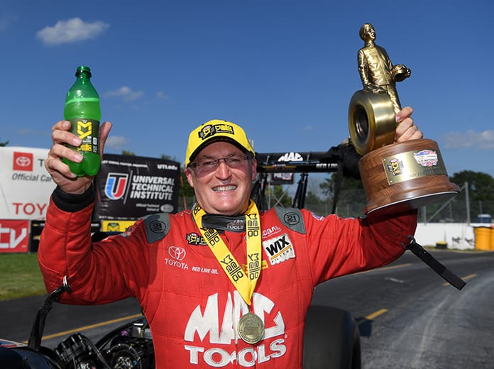 Doug Kalitta took home the U.S. Nationals Wally for the first time in his career on Monday at Lucas Oil Raceway. (NHRA Photo)
