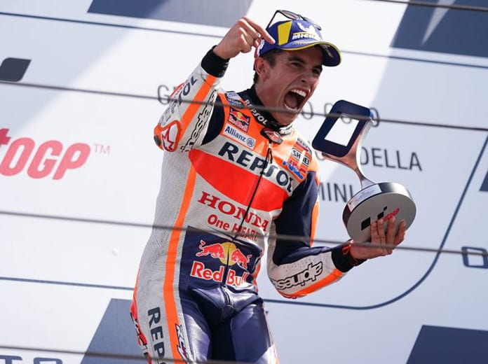Marc Marquez celebrates after winning Sunday at Misano World Circuit Marco Simoncelli. (Honda Photo)