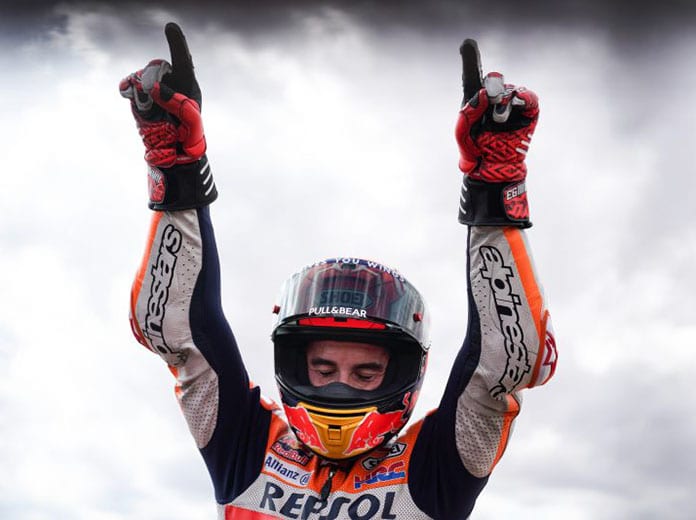 Marc Marquez celebrates after winning Sunday's MotoGP event in Spain. (Honda Photo)