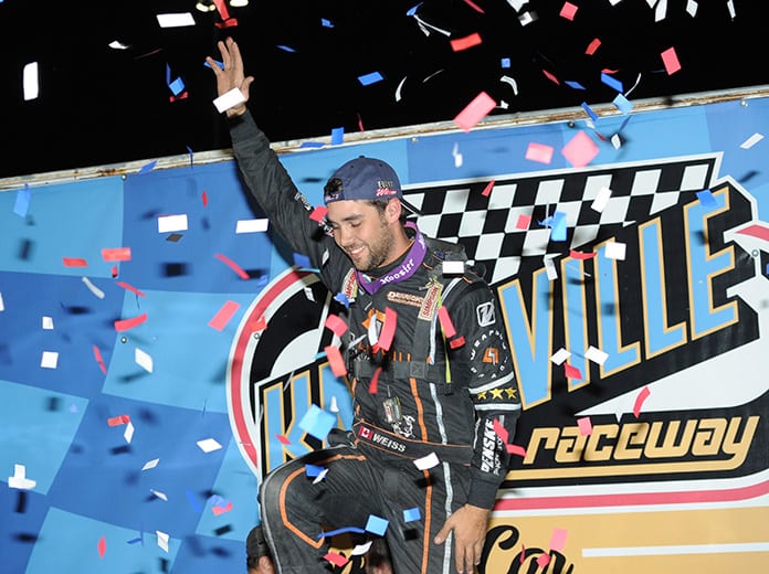 Ricky Weiss in victory lane Friday night at Knoxville Raceway. (Ken Berry Photo)