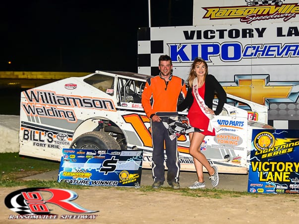 Chad Chevalier in victory lane Friday night at Ransomville Speedway. (Tom Stevens Photo)