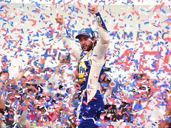 Chase Elliott celebrates his way Sunday at Charlotte Motor Speedway on the ROVAL course. (NASCAR Photo)