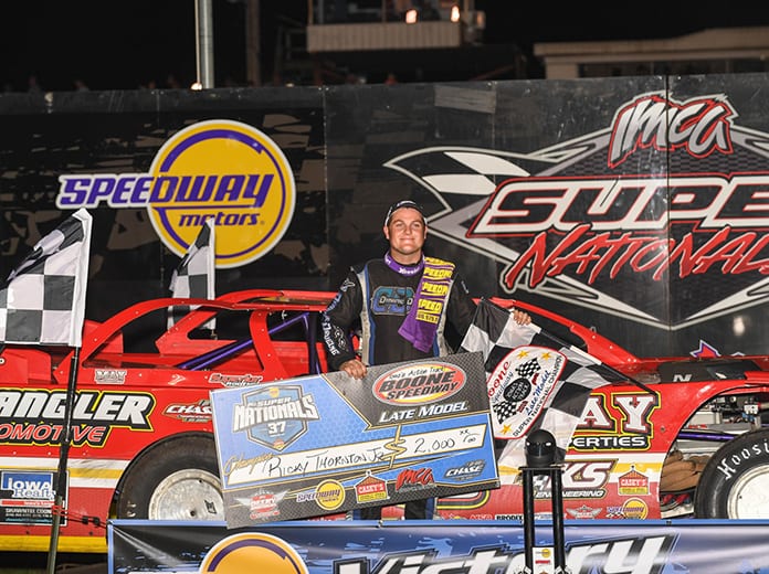 His convincing win in Monday’s Deery Brothers Summer Series main event made Ricky Thornton Jr. the first champion crowned at the 37th annual IMCA Speedway Motors Super Nationals fueled by Casey’s at Boone Speedway. (Tom Macht Photo)