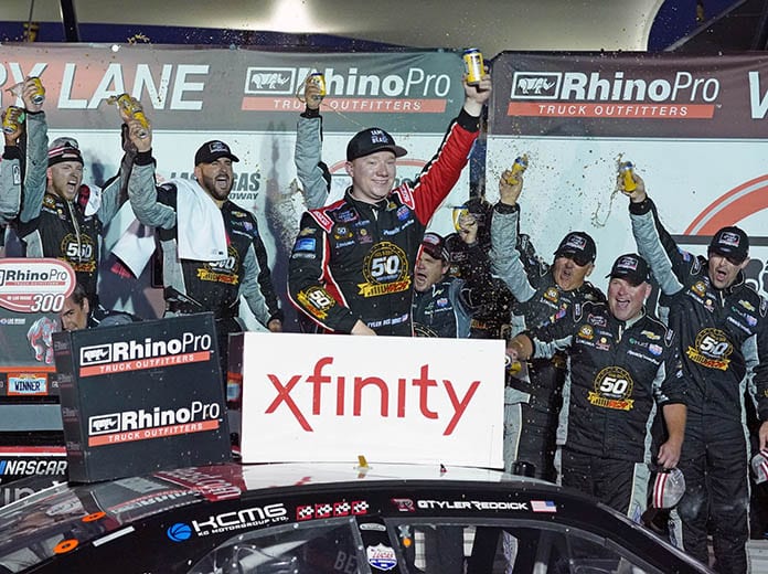 Tyler Reddick celebrates after winning Saturday's NASCAR Xfinity Series race at Las Vegas Motor Speedway. (Dave Moulthrop Photo)