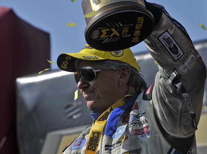 John Force earned his fifth U.S. Nationals victory Monday at Lucas Oil Raceway. (Shawn Crose Photo)