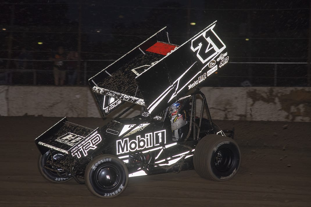 Christopher Bell en route to victory at Fremont Speedway. (Mike Campbell photo)