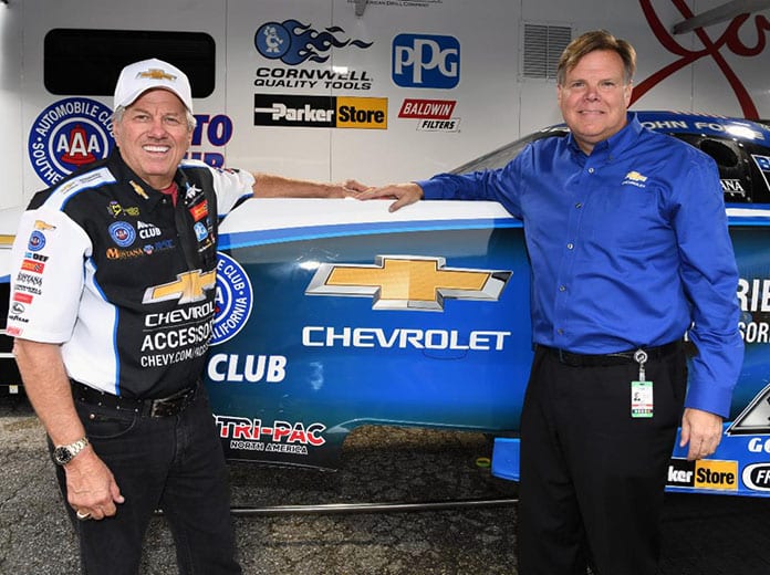 John Force (left) poses with Chevrolet's Vice President, Performance and Motorsports, Jim Campbell.