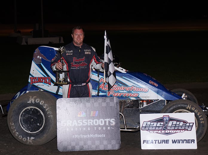 Shane Cockrum in victory lane Friday night at Gas City I-69 Speedway. (Gary Gasper Photo)