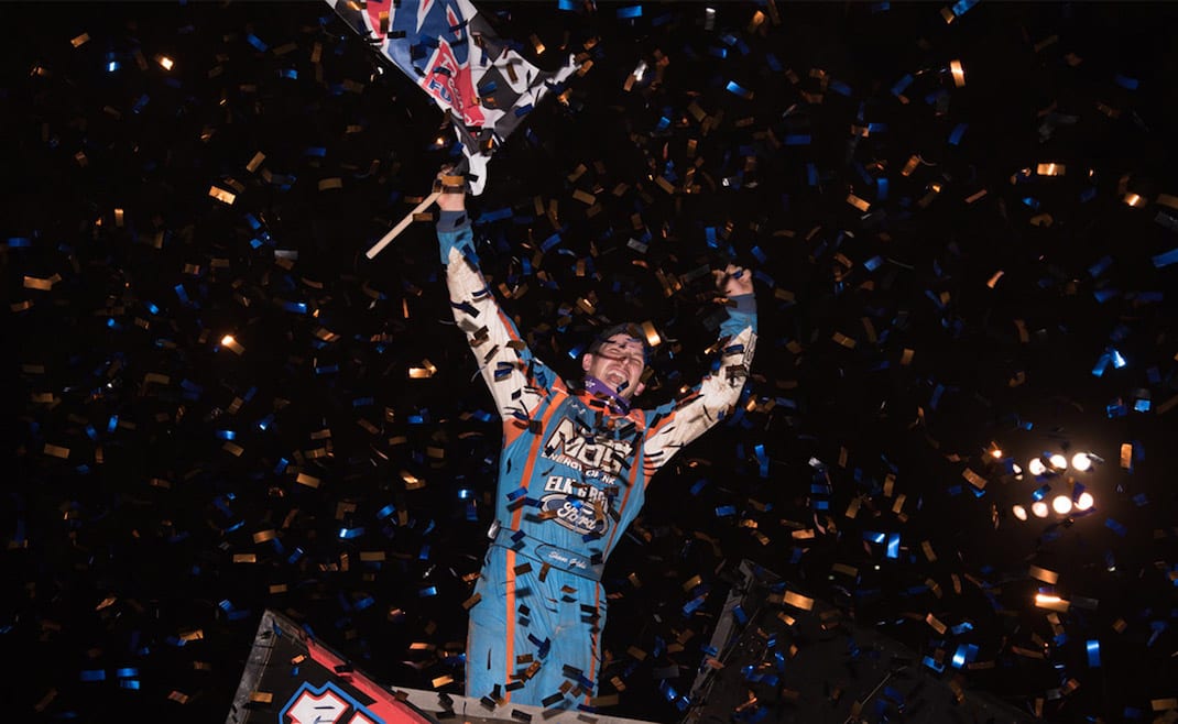 Shane Golobic celebrates victory at Placerville Speedway. (Devin Mayo photo)