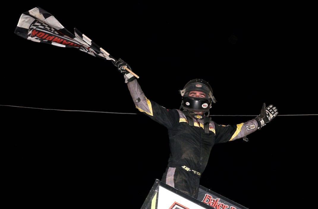 Trey Starks in victory lane at Port Royal Speedway. (Dan Demarco photo)