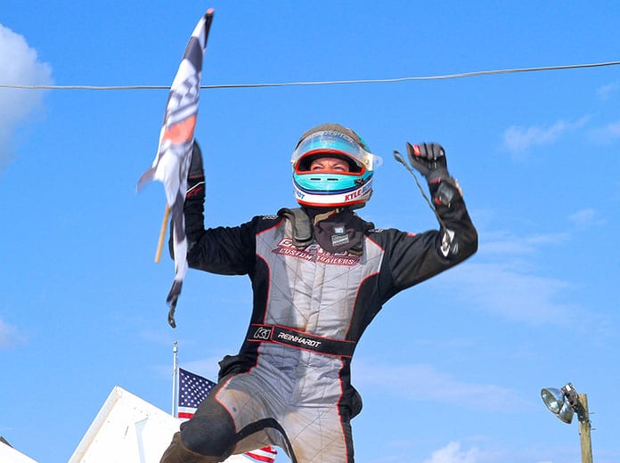 Kyle Reinhardt celebrates after winning Monday's 410 sprint car feature at Port Royal Speedway. (Dan Demarco Photo)