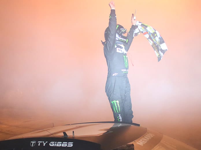 Ty Gibbs celebrates after winning Saturday's ARCA Menards Series race at Salem Speedway. (ARCA Photo)