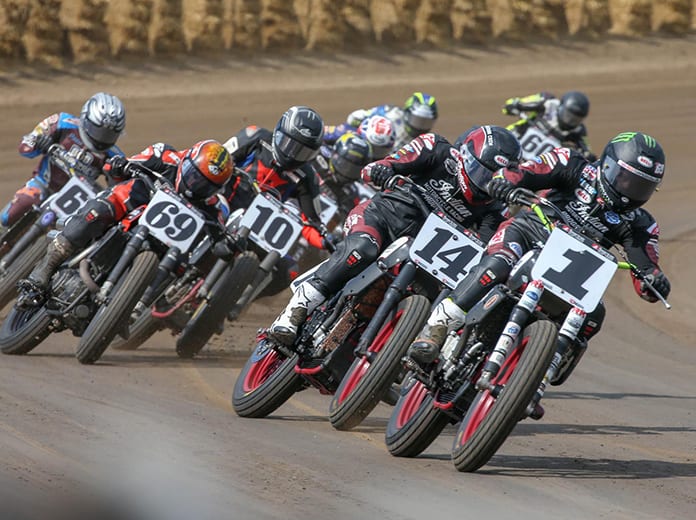 Jared Mees (1) leads the field during Monday's Springfield Mile II at the Illinois State Fairgrounds. (Scott Hunter/AFT Photo)