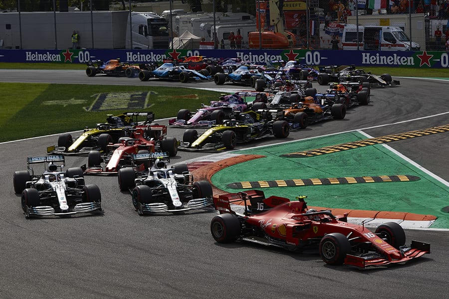 Charles Leclerc (16) leads the field at the start of Sunday's Italian Grand Prix. (Steve Etherington Photo)