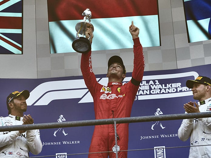 Charles Leclerc celebrates his first Formula One triumph Sunday in Belgium. (Steve Etherington Photo)