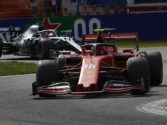 Charles Leclerc (16) held off both Mercedes drivers to win the Italian Grand Prix. (Steve Etherington Photo)