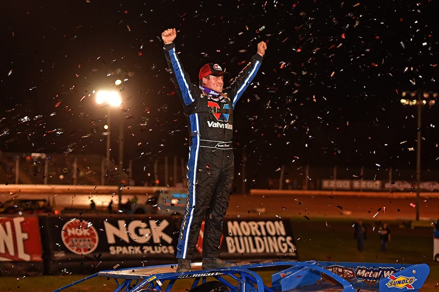 Brandon Sheppard celebrates after winning Friday's World of Outlaws Morton Buildings Late Model Series feature at Sharon Speedway. (Joe Secka/JMS Pro Photo)