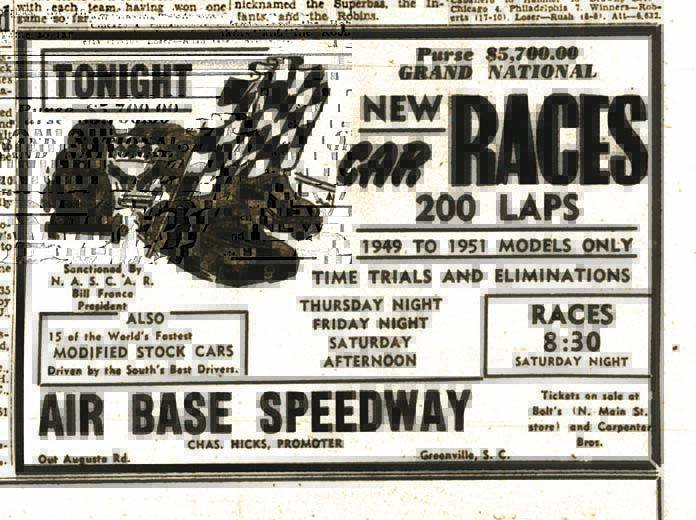 An ad for a Grand National Stock Car event at Air Base Speedway in Greenville, S.C.