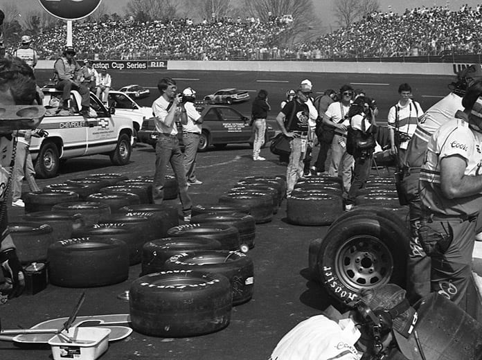 Goodyear and Hoosier Tires sit on the ground awaiting NASCAR teams in the 1980s. (NSSN Archives Photo)