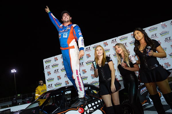 Jeremy Doss celebrates after winning Saturday's Nut Up Pro Late Model feature at Madera Speedway. (Jason Wedehase Photo)