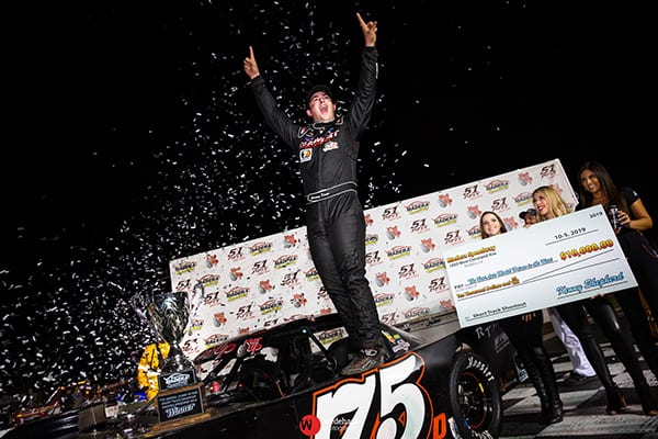 Jeremy Doss celebrates his win in Saturday's Nut Up Short Track Shootout at Madera Speedway. (Jason Wedehase Photo)