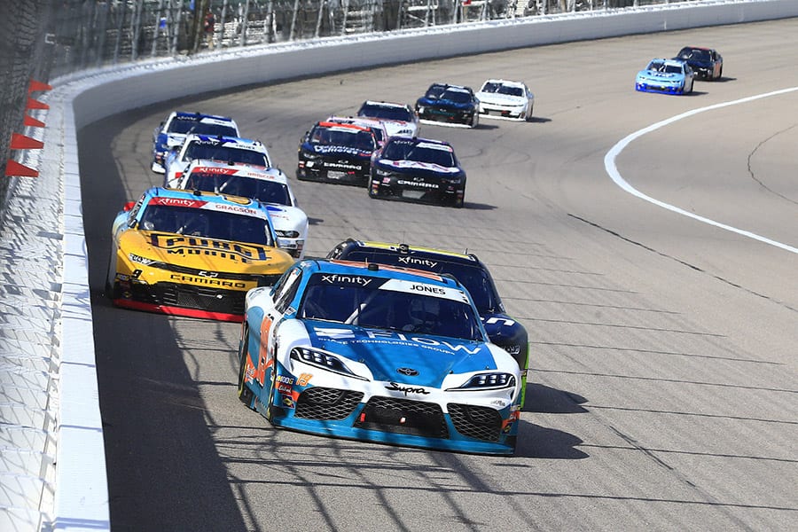 Brandon Jones (19) leads a pack of cars during Saturday's NASCAR Xfinity Series race at Kansas Speedway. (HHP/Jim Fluharty Photo)