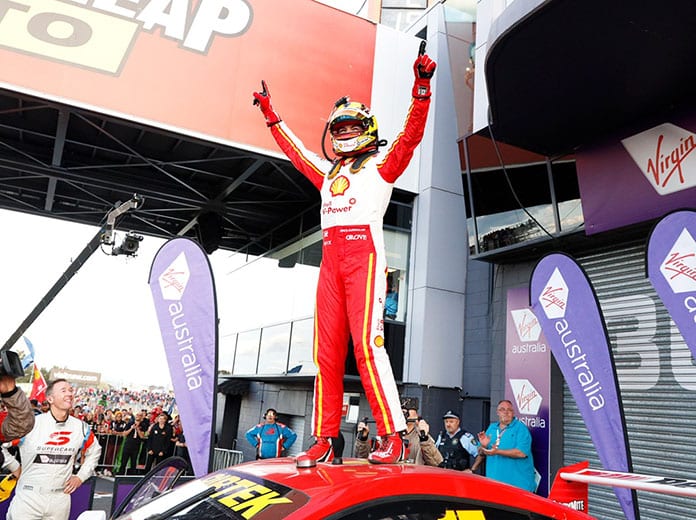 Scott McLaughlin celebrates after winning Sunday's Bathurst 1000 in Australia. (Supercars Photo)