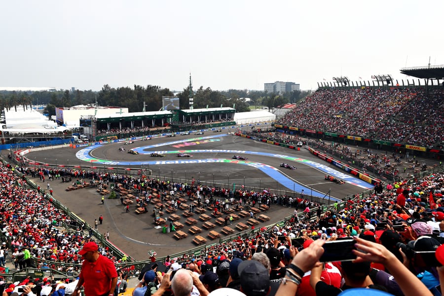 The field flows through the stadium portion of the track during Sunday's Mexican Grand Prix. (Red Bull Photo)