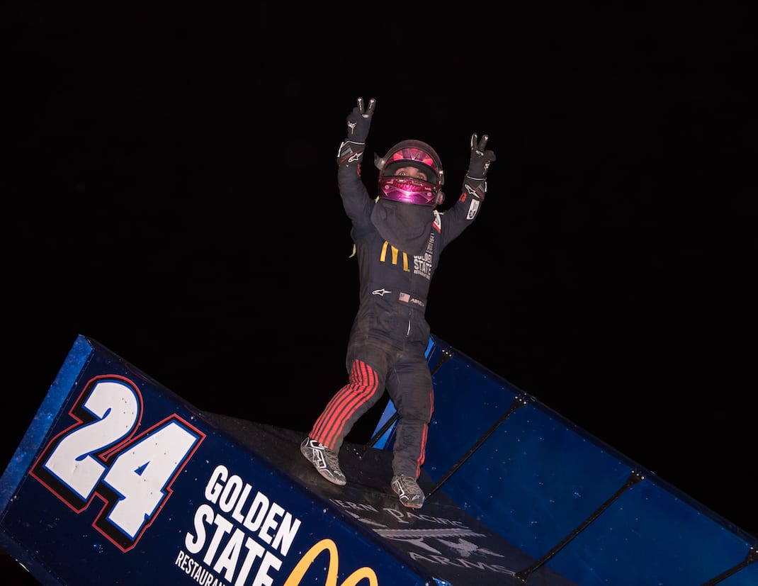 Rico Abreu in victory lane on night one of the Trophy Cup. (Devin Mayo photo)