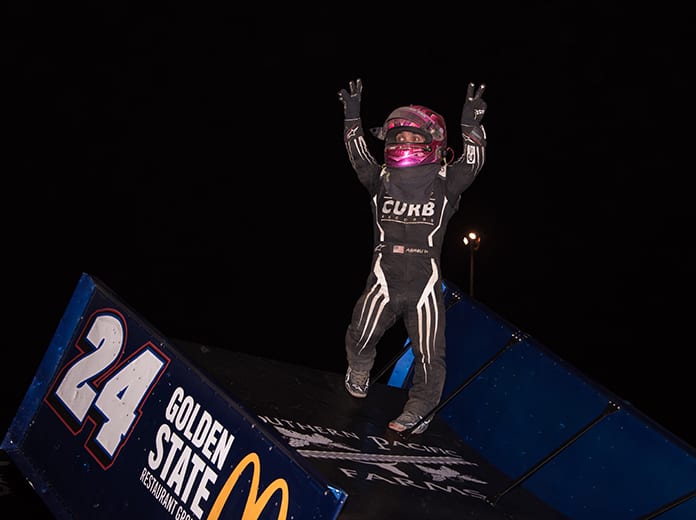Rico Abreu celebrates another victory at Thunderbowl Raceway on Friday night. (Devin Mayo Photo)