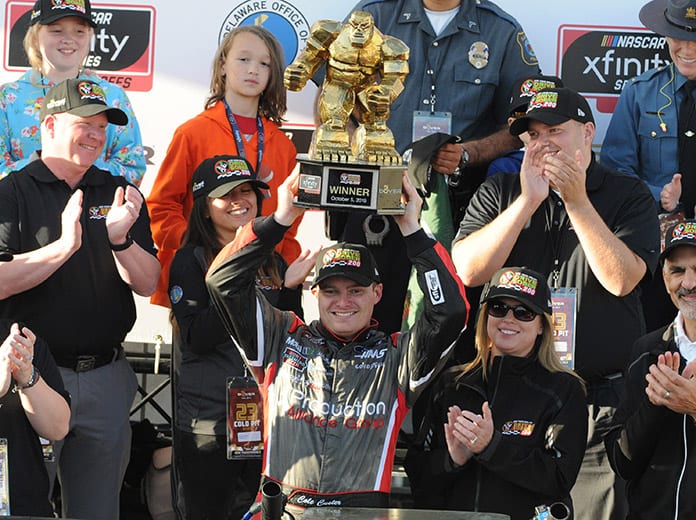 Cole Custer celebrates in victory lane Saturday at Dover Int'l Speedway. (Dave Moulthrop Photo)
