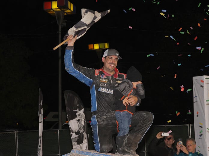 Stewart Friesen celebrates after winning Sunday's Eastern States 200 big-block modified feature at Orange County Fair Speedway. (Dan Demarco Photo)