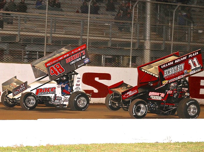 T.J. Stutts (11) chases Danny Dietrich Saturday night at Port Royal Speedway. (Dan Demarco Photo)