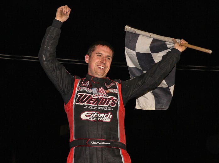 Mat Williamson celebrates after winning the $15,000 small-block modified feature Saturday at Orange County Fair Speedway. (Dan Demarco Photo)