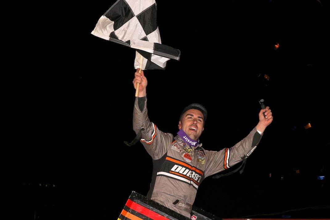 David Gravel celebrates victory at Williams Grove Speedway. (Dan Demarco photo)
