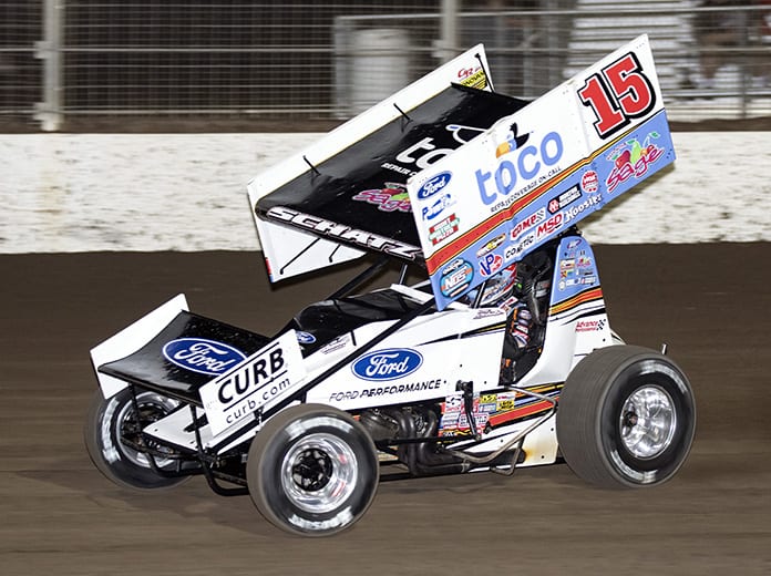 Donny Schatz, shown here earlier this year at Dodge City Raceway Park, gave Ford it's first World of Outlaws win since 1998 on Friday. (Jeff Peck Photo)