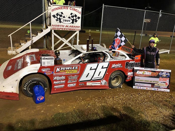 Jake Knowles in victory lane Friday night at North Alabama Speedway. (Mitchell Jenkins Photo)