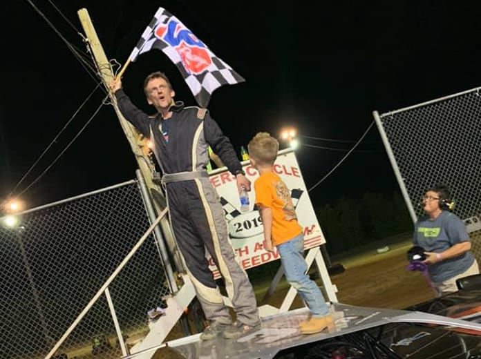 Jeremy Shaw celebrates after winning the King of the Crates Saturday at North Alabama Speedway. (Courtney Shaw Photo)