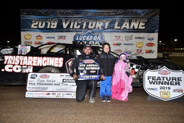Ryan Gustin in victory lane Saturday at Lucas Oil Speedway. (Lloyd Collins Photo)