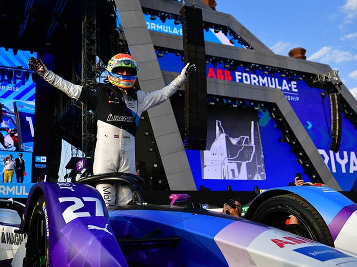 Alexander Sims celebrates after claiming his first Formula E triumph on Saturday. (Formula E Photo)