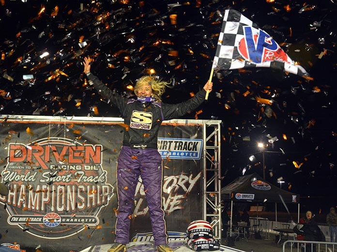 Brayden Pruitt became the first female driver to win a feature at The Dirt Track at Charlotte on Saturday during the World Short Track Championship.