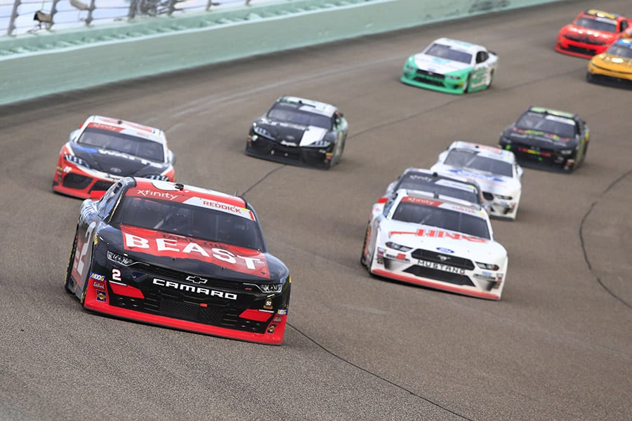 Tyler Reddick (2) leads the pack during Saturday's NASCAR Xfinity Series Ford EcoBoost 300 at Homestead-Miami Speedway. (HHP/Jim Fluharty Photo)