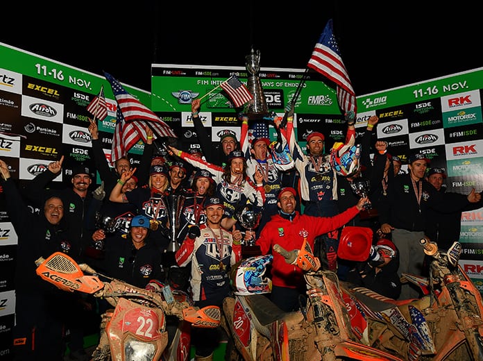 The American riders celebrate after claiming three championships during the International Six Days Enduro. (Mark Kariya Photo)