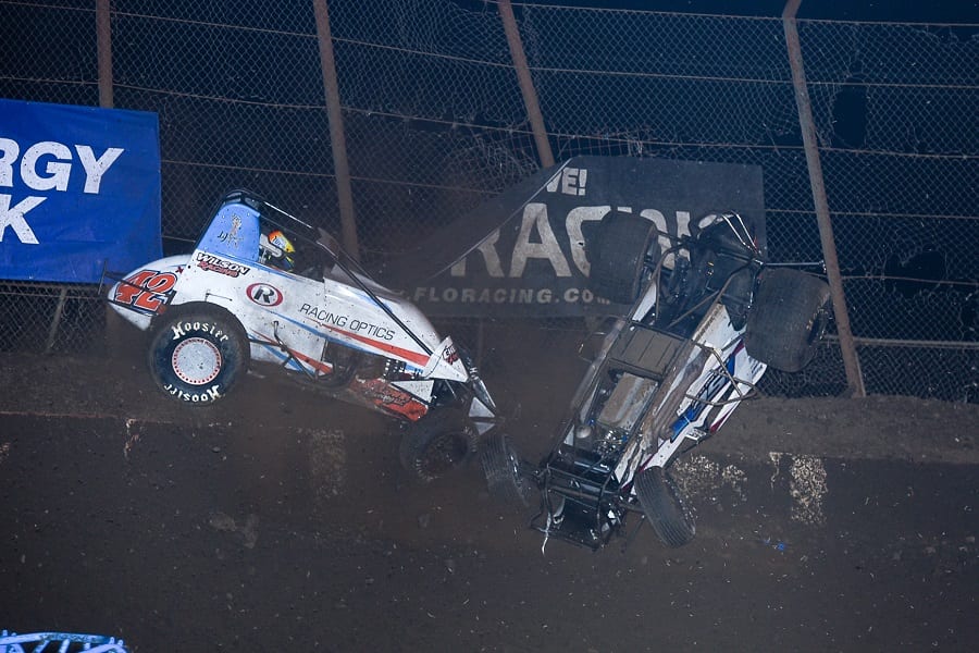 Jason McDougal (42) and Sterling Cling both went for wild rides during Thursday's opening night of the Budweiser Oval Nationals at Perris Auto Speedway. (John DaDalt photo)
