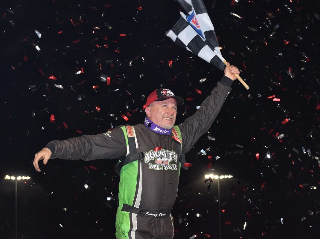 Jimmy Owens celebrates after winning Saturday's World of Outlaws Morton Buildings Late Model Series finale at The Dirt Track at Charlotte. (Jacob Seelman Photo)