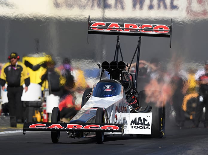 Steve Torrence raced to the No. 1 spot in NHRA Top Fuel qualifying Saturday in Pomona, Calif. (NHRA Photo)