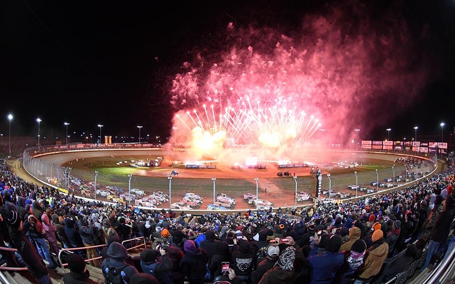 The annual four-wide salute featuring the Super DIRTcar Series, World of Outlaws Morton Buildings Late Model Series and World of Outlaws NOS Energy Drink Sprint Car Series is always a fan favorite during the Can-Am World Finals. (Frank Smith Photo)