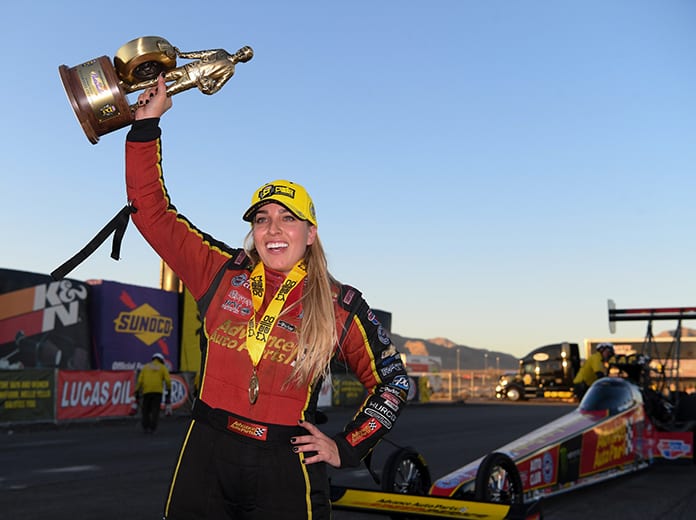 Brittany Force celebrates her NHRA Top Fuel win Sunday in Las Vegas. (NHRA Photo)