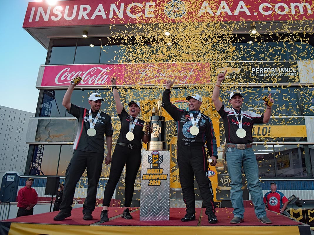 NHRA champions Andrew HInes, Erica Enders, Robert Hight and Steve Torrence. (Steve Himelstein Photo)